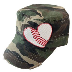 Baseball Stitch Patch Heart Womens Distressed Camo Cap Hat